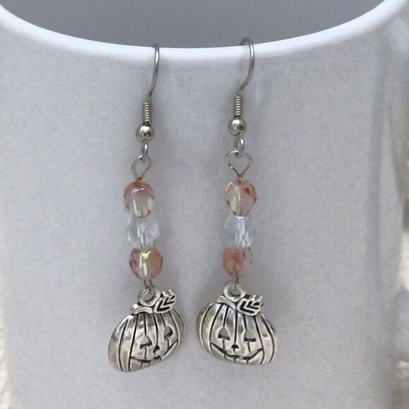 Handmade Silver Dangle Pumpkin Earrings for Halloween, Drop Earrings for Women - Picture 7 of 7